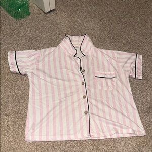 Pink and White Striped Shirt with Black Trim